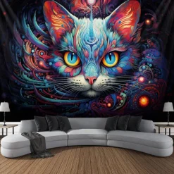 Blacklight Tapestry UV Reactive Glow in the Dark Glow Party Neon Painting Cat Portrait Psychedelic Trippy Misty Hanging Tapestry Wall Art Mural for Living Room Bedroom