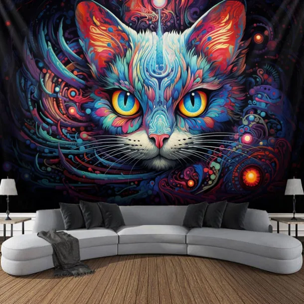 Blacklight Tapestry UV Reactive Glow in the Dark Glow Party Neon Painting Cat Portrait Psychedelic Trippy Misty Hanging Tapestry Wall Art Mural for Living Room Bedroom