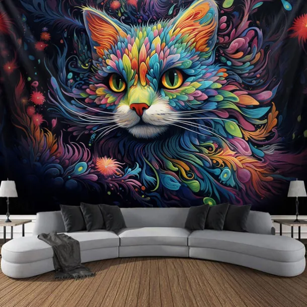 Blacklight Tapestry UV Reactive Glow in the Dark Glow Party Neon Painting Cat Portrait Psychedelic Trippy Misty Hanging Tapestry Wall Art Mural for Living Room Bedroom