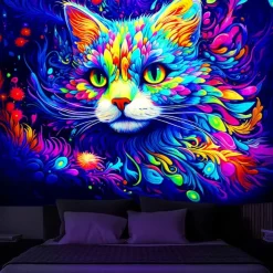 Blacklight Tapestry UV Reactive Glow in the Dark Glow Party Neon Painting Cat Portrait Psychedelic Trippy Misty Hanging Tapestry Wall Art Mural for Living Room Bedroom
