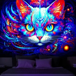 Blacklight Tapestry UV Reactive Glow in the Dark Glow Party Neon Painting Cat Portrait Psychedelic Trippy Misty Hanging Tapestry Wall Art Mural for Living Room Bedroom
