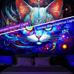 Blacklight Tapestry UV Reactive Glow in the Dark Glow Party Neon Painting Cat Portrait Psychedelic Trippy Misty Hanging Tapestry Wall Art Mural for Living Room Bedroom