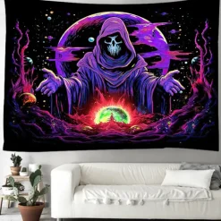 Blacklight Tapestry UV Reactive Glow in the Dark Glow Party Skulls Psychedelic Trippy Misty Hanging Tapestry Wall Art Mural for Living Room Bedroom