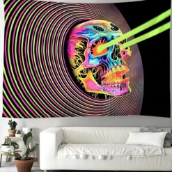 Blacklight Tapestry UV Reactive Glow in the Dark Glow Party Skulls Psychedelic Trippy Misty Hanging Tapestry Wall Art Mural for Living Room Bedroom
