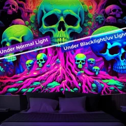 Blacklight Tapestry UV Reactive Glow in the Dark Tree of Skulls Trippy Mountain Misty Hanging Tapestry Wall Art Mural for Living Room Bedroom