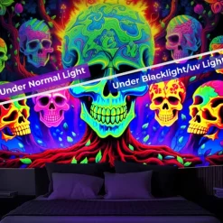 Blacklight Tapestry UV Reactive Glow in the Dark Tree of Skulls Trippy Mountain Misty Hanging Tapestry Wall Art Mural for Living Room Bedroom