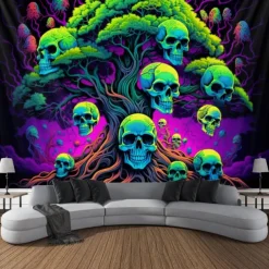 Blacklight Tapestry UV Reactive Glow in the Dark Tree of Skulls Trippy Mountain Misty Hanging Tapestry Wall Art Mural for Living Room Bedroom