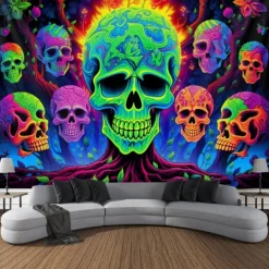 Blacklight Tapestry UV Reactive Glow in the Dark Tree of Skulls Trippy Mountain Misty Hanging Tapestry Wall Art Mural for Living Room Bedroom