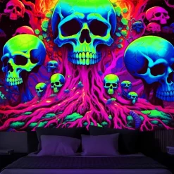Blacklight Tapestry UV Reactive Glow in the Dark Tree of Skulls Trippy Mountain Misty Hanging Tapestry Wall Art Mural for Living Room Bedroom