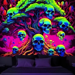 Blacklight Tapestry UV Reactive Glow in the Dark Tree of Skulls Trippy Mountain Misty Hanging Tapestry Wall Art Mural for Living Room Bedroom