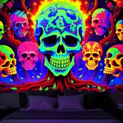 Blacklight Tapestry UV Reactive Glow in the Dark Tree of Skulls Trippy Mountain Misty Hanging Tapestry Wall Art Mural for Living Room Bedroom