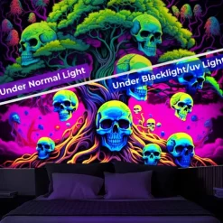 Blacklight Tapestry UV Reactive Glow in the Dark Tree of Skulls Trippy Mountain Misty Hanging Tapestry Wall Art Mural for Living Room Bedroom