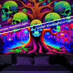 Blacklight Tapestry UV Reactive Glow in the Dark Tree of Skulls Trippy Mountain Misty Hanging Tapestry Wall Art Mural for Living Room Bedroom
