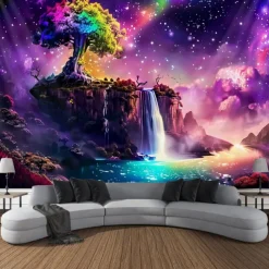 Blacklight Tapestry UV Reactive Glow in the Dark Glow Party Neon Fantasy Waterfall Rainbow Psychedelic Trippy Misty Hanging Tapestry Wall Art Mural for Living Room Bedroom