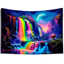 Blacklight Tapestry UV Reactive Glow in the Dark Glow Party Neon Fantasy Waterfall Rainbow Psychedelic Trippy Misty Hanging Tapestry Wall Art Mural for Living Room Bedroom