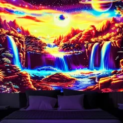 Blacklight Tapestry UV Reactive Glow in the Dark Glow Party Neon Fantasy Waterfall Rainbow Psychedelic Trippy Misty Hanging Tapestry Wall Art Mural for Living Room Bedroom