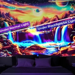 Blacklight Tapestry UV Reactive Glow in the Dark Glow Party Neon Fantasy Waterfall Rainbow Psychedelic Trippy Misty Hanging Tapestry Wall Art Mural for Living Room Bedroom