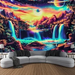 Blacklight Tapestry UV Reactive Glow in the Dark Glow Party Neon Fantasy Waterfall Rainbow Psychedelic Trippy Misty Hanging Tapestry Wall Art Mural for Living Room Bedroom