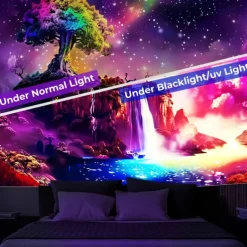 Blacklight Tapestry UV Reactive Glow in the Dark Glow Party Neon Fantasy Waterfall Rainbow Psychedelic Trippy Misty Hanging Tapestry Wall Art Mural for Living Room Bedroom