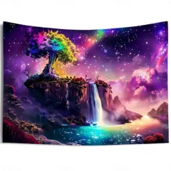 Blacklight Tapestry UV Reactive Glow in the Dark Glow Party Neon Fantasy Waterfall Rainbow Psychedelic Trippy Misty Hanging Tapestry Wall Art Mural for Living Room Bedroom