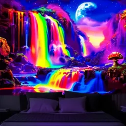 Blacklight Tapestry UV Reactive Glow in the Dark Glow Party Neon Fantasy Waterfall Rainbow Psychedelic Trippy Misty Hanging Tapestry Wall Art Mural for Living Room Bedroom