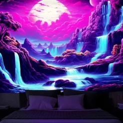 Blacklight Tapestry UV Reactive Glow in the Dark Glow Party Neon Wonderland Waterfall Psychedelic Trippy Misty Hanging Tapestry Wall Art Mural for Living Room Bedroom