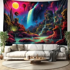 Blacklight Tapestry UV Reactive Glow in the Dark Glow Party Neon Wonderland Waterfall Psychedelic Trippy Misty Hanging Tapestry Wall Art Mural for Living Room Bedroom