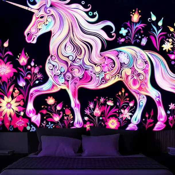 Blacklight Tapestry UV Reactive Glow in the Dark Glow Party Neon Unicorn Animal Psychedelic Trippy Misty Hanging Tapestry Wall Art Mural for Living Room Bedroom