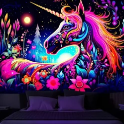 Blacklight Tapestry UV Reactive Glow in the Dark Glow Party Neon Unicorn Animal Psychedelic Trippy Misty Hanging Tapestry Wall Art Mural for Living Room Bedroom
