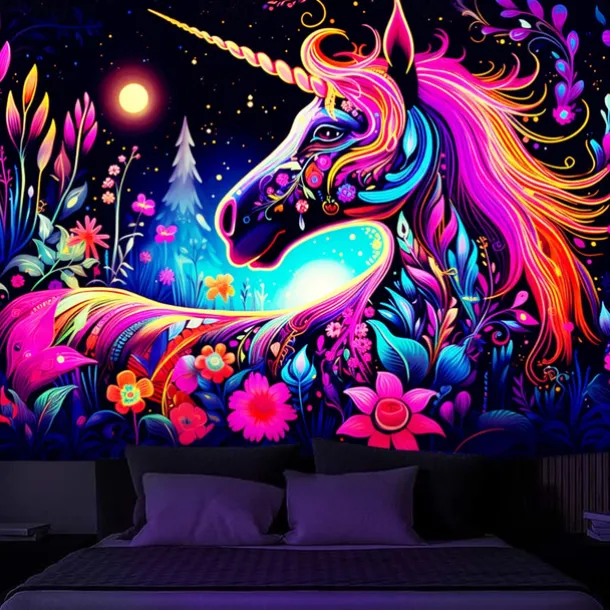 Blacklight Tapestry UV Reactive Glow in the Dark Glow Party Neon Unicorn Animal Psychedelic Trippy Misty Hanging Tapestry Wall Art Mural for Living Room Bedroom
