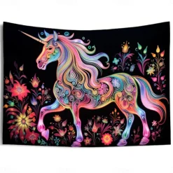 Blacklight Tapestry UV Reactive Glow in the Dark Glow Party Neon Unicorn Animal Psychedelic Trippy Misty Hanging Tapestry Wall Art Mural for Living Room Bedroom
