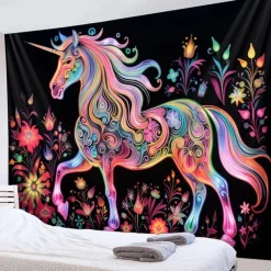 Blacklight Tapestry UV Reactive Glow in the Dark Glow Party Neon Unicorn Animal Psychedelic Trippy Misty Hanging Tapestry Wall Art Mural for Living Room Bedroom