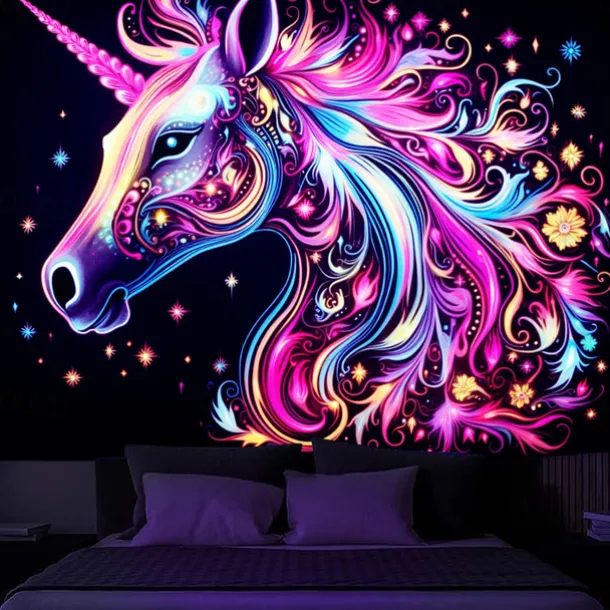 Blacklight Tapestry UV Reactive Glow in the Dark Glow Party Neon Unicorn Animal Psychedelic Trippy Misty Hanging Tapestry Wall Art Mural for Living Room Bedroom