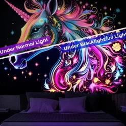 Blacklight Tapestry UV Reactive Glow in the Dark Glow Party Neon Unicorn Animal Psychedelic Trippy Misty Hanging Tapestry Wall Art Mural for Living Room Bedroom