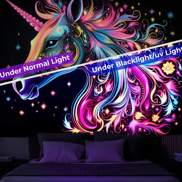 Blacklight Tapestry UV Reactive Glow in the Dark Glow Party Neon Unicorn Animal Psychedelic Trippy Misty Hanging Tapestry Wall Art Mural for Living Room Bedroom