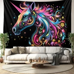 Blacklight Tapestry UV Reactive Glow in the Dark Glow Party Neon Unicorn Animal Psychedelic Trippy Misty Hanging Tapestry Wall Art Mural for Living Room Bedroom