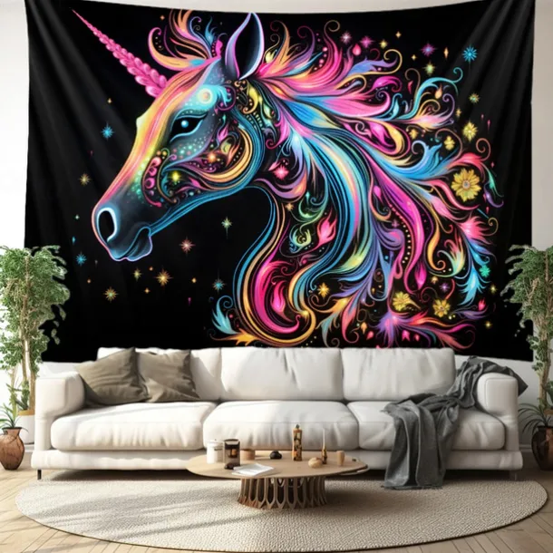 Blacklight Tapestry UV Reactive Glow in the Dark Glow Party Neon Unicorn Animal Psychedelic Trippy Misty Hanging Tapestry Wall Art Mural for Living Room Bedroom