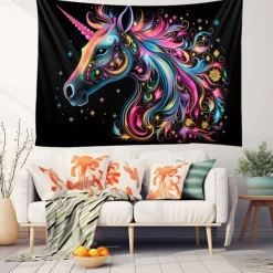 Blacklight Tapestry UV Reactive Glow in the Dark Glow Party Neon Unicorn Animal Psychedelic Trippy Misty Hanging Tapestry Wall Art Mural for Living Room Bedroom