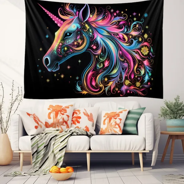 Blacklight Tapestry UV Reactive Glow in the Dark Glow Party Neon Unicorn Animal Psychedelic Trippy Misty Hanging Tapestry Wall Art Mural for Living Room Bedroom