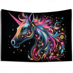 Blacklight Tapestry UV Reactive Glow in the Dark Glow Party Neon Unicorn Animal Psychedelic Trippy Misty Hanging Tapestry Wall Art Mural for Living Room Bedroom