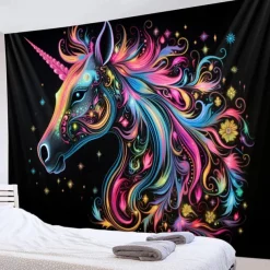 Blacklight Tapestry UV Reactive Glow in the Dark Glow Party Neon Unicorn Animal Psychedelic Trippy Misty Hanging Tapestry Wall Art Mural for Living Room Bedroom