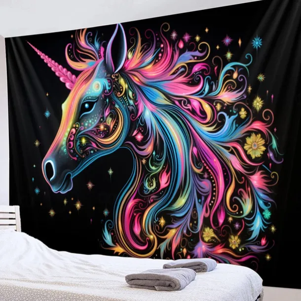 Blacklight Tapestry UV Reactive Glow in the Dark Glow Party Neon Unicorn Animal Psychedelic Trippy Misty Hanging Tapestry Wall Art Mural for Living Room Bedroom