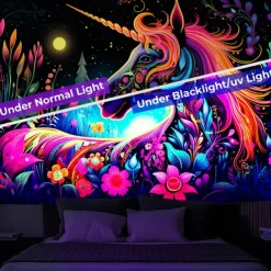 Blacklight Tapestry UV Reactive Glow in the Dark Glow Party Neon Unicorn Animal Psychedelic Trippy Misty Hanging Tapestry Wall Art Mural for Living Room Bedroom