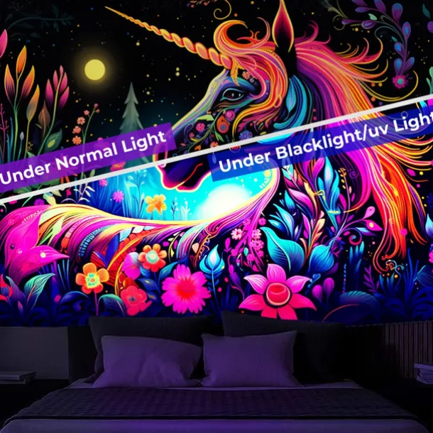 Blacklight Tapestry UV Reactive Glow in the Dark Glow Party Neon Unicorn Animal Psychedelic Trippy Misty Hanging Tapestry Wall Art Mural for Living Room Bedroom