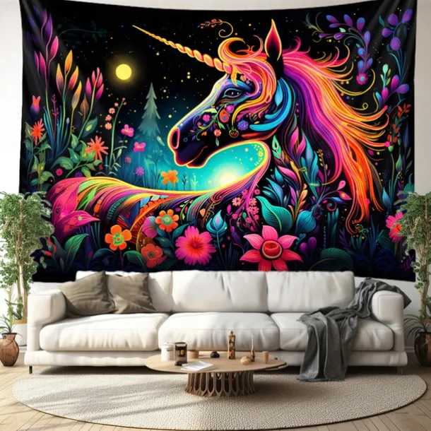 Blacklight Tapestry UV Reactive Glow in the Dark Glow Party Neon Unicorn Animal Psychedelic Trippy Misty Hanging Tapestry Wall Art Mural for Living Room Bedroom