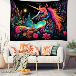 Blacklight Tapestry UV Reactive Glow in the Dark Glow Party Neon Unicorn Animal Psychedelic Trippy Misty Hanging Tapestry Wall Art Mural for Living Room Bedroom
