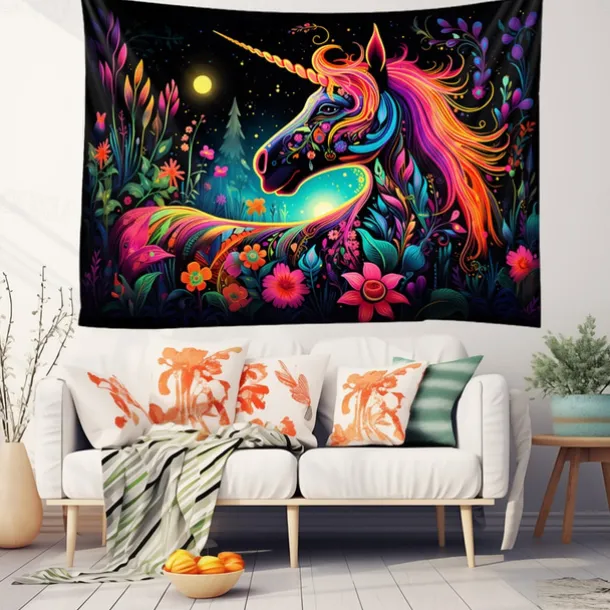 Blacklight Tapestry UV Reactive Glow in the Dark Glow Party Neon Unicorn Animal Psychedelic Trippy Misty Hanging Tapestry Wall Art Mural for Living Room Bedroom