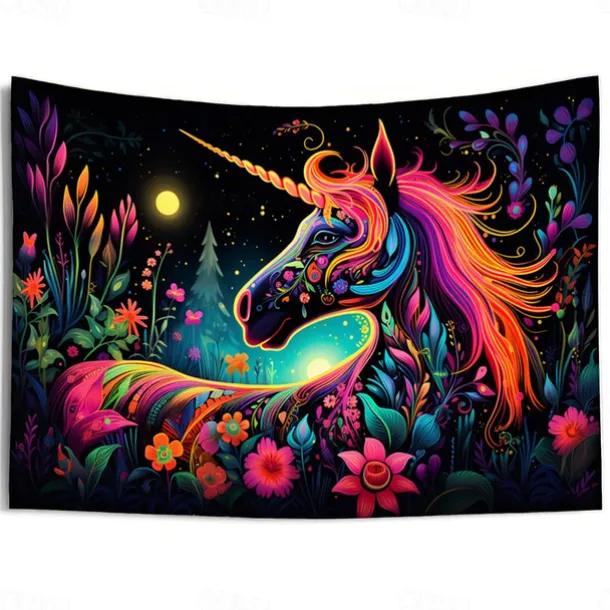 Blacklight Tapestry UV Reactive Glow in the Dark Glow Party Neon Unicorn Animal Psychedelic Trippy Misty Hanging Tapestry Wall Art Mural for Living Room Bedroom