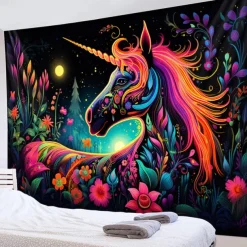 Blacklight Tapestry UV Reactive Glow in the Dark Glow Party Neon Unicorn Animal Psychedelic Trippy Misty Hanging Tapestry Wall Art Mural for Living Room Bedroom