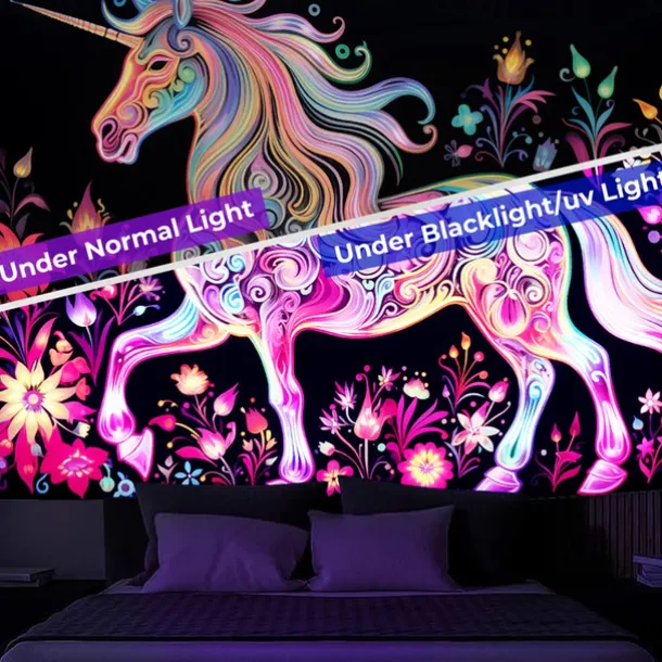 Blacklight Tapestry UV Reactive Glow in the Dark Glow Party Neon Unicorn Animal Psychedelic Trippy Misty Hanging Tapestry Wall Art Mural for Living Room Bedroom